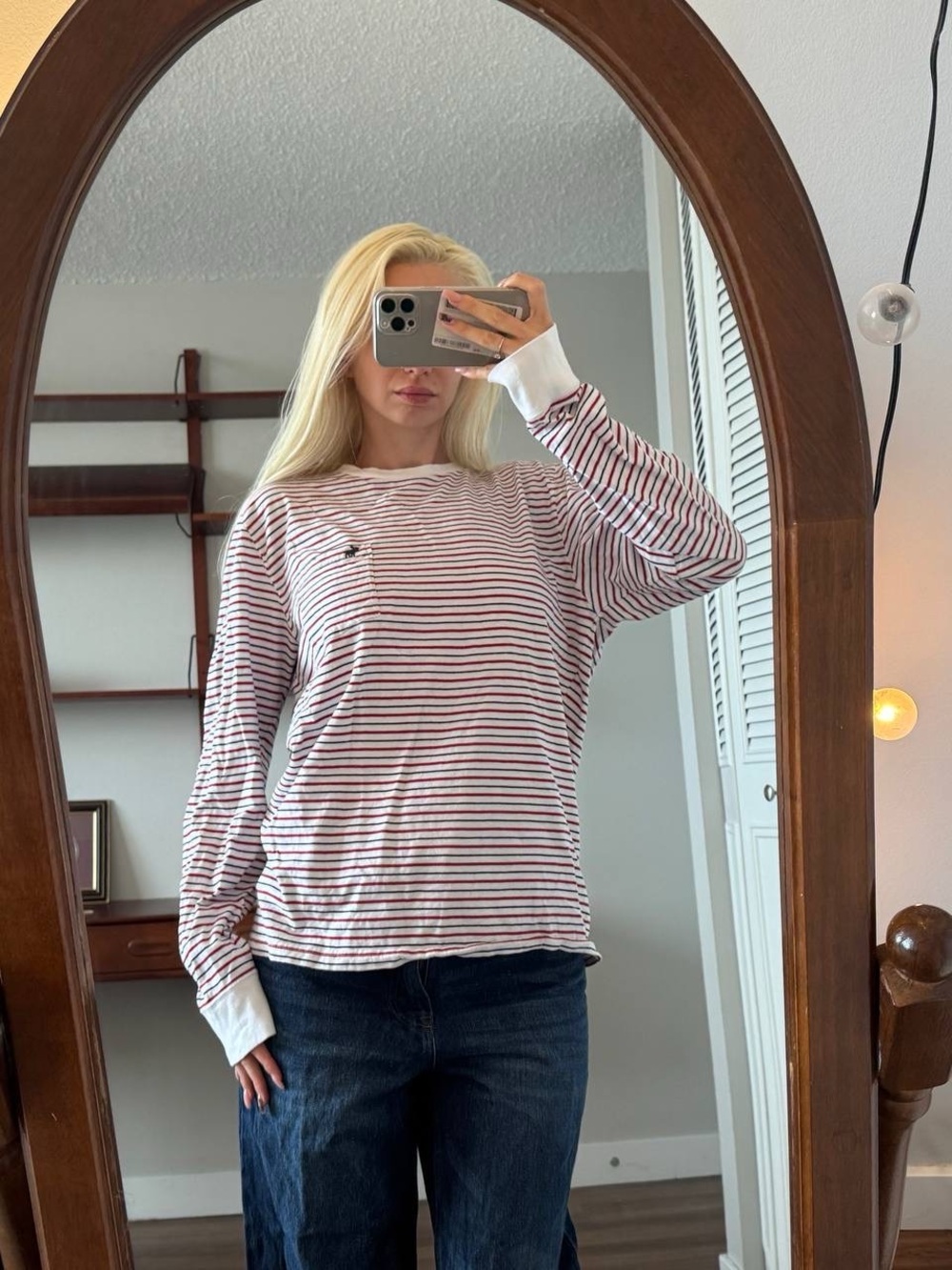 Abercrombie & Fitch Striped Pocket Long Sleeve Tee White & Red